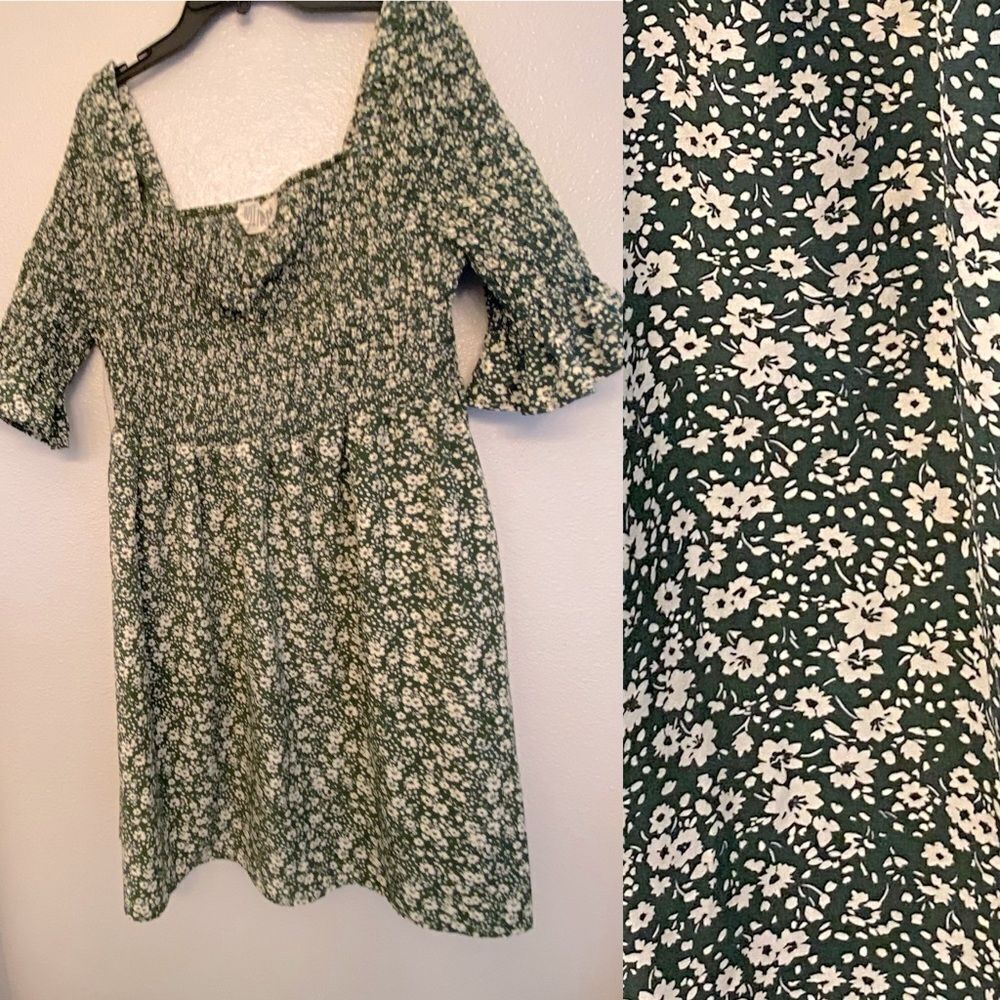 Just Found green floral dress smocked boho summer square neck romantic plus 2X